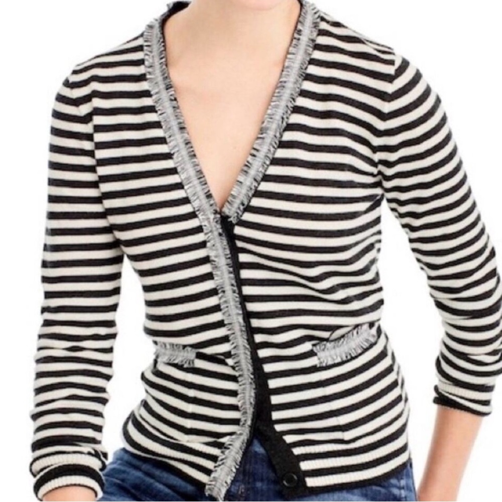 $98 J. Crew Cardigan Sweater Stripe Fringe, 💯 Merino wool, S, Small